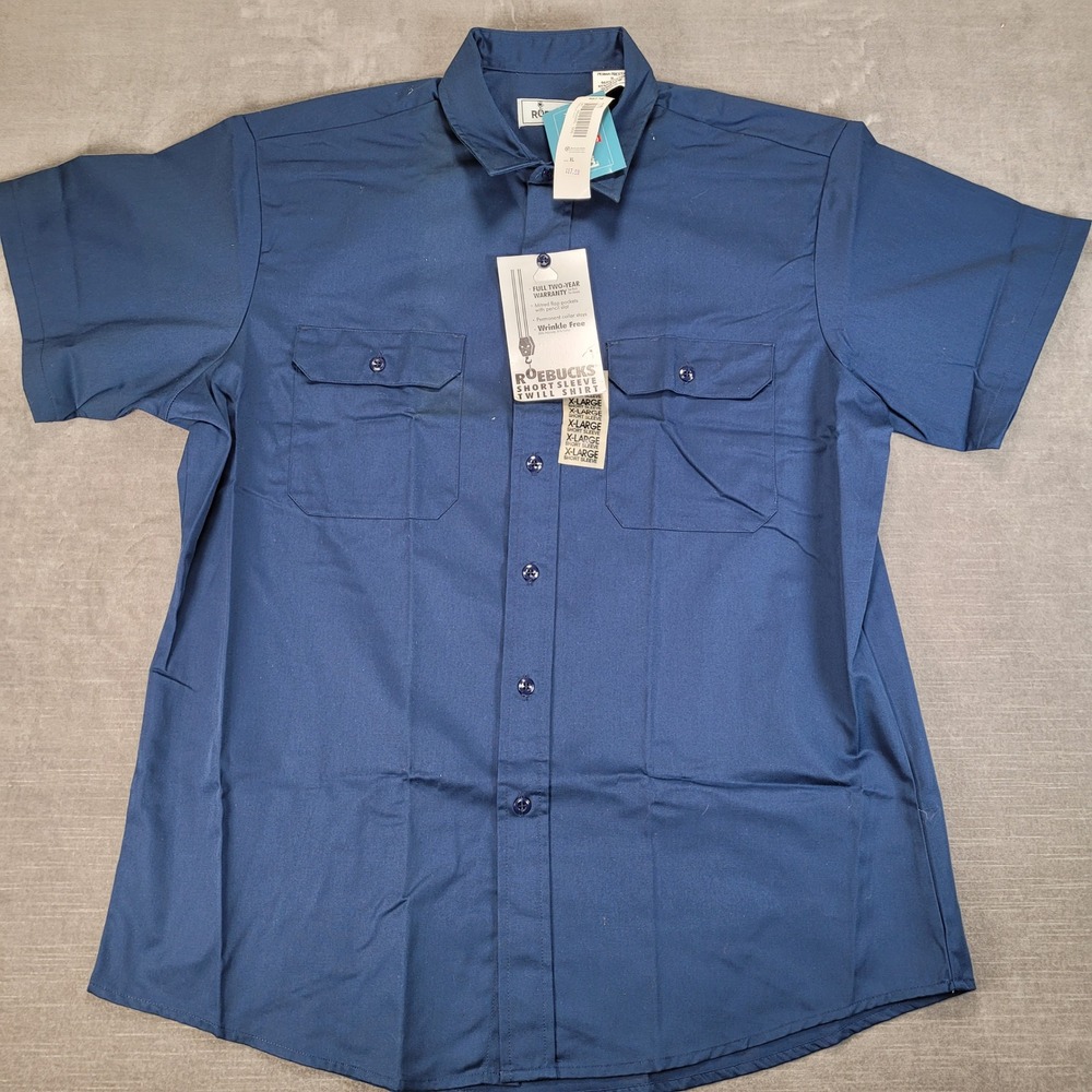 ROEBUCKS Vintage Mens X Large Navy Blue Short Sleeve Twill Work Shirt‎
